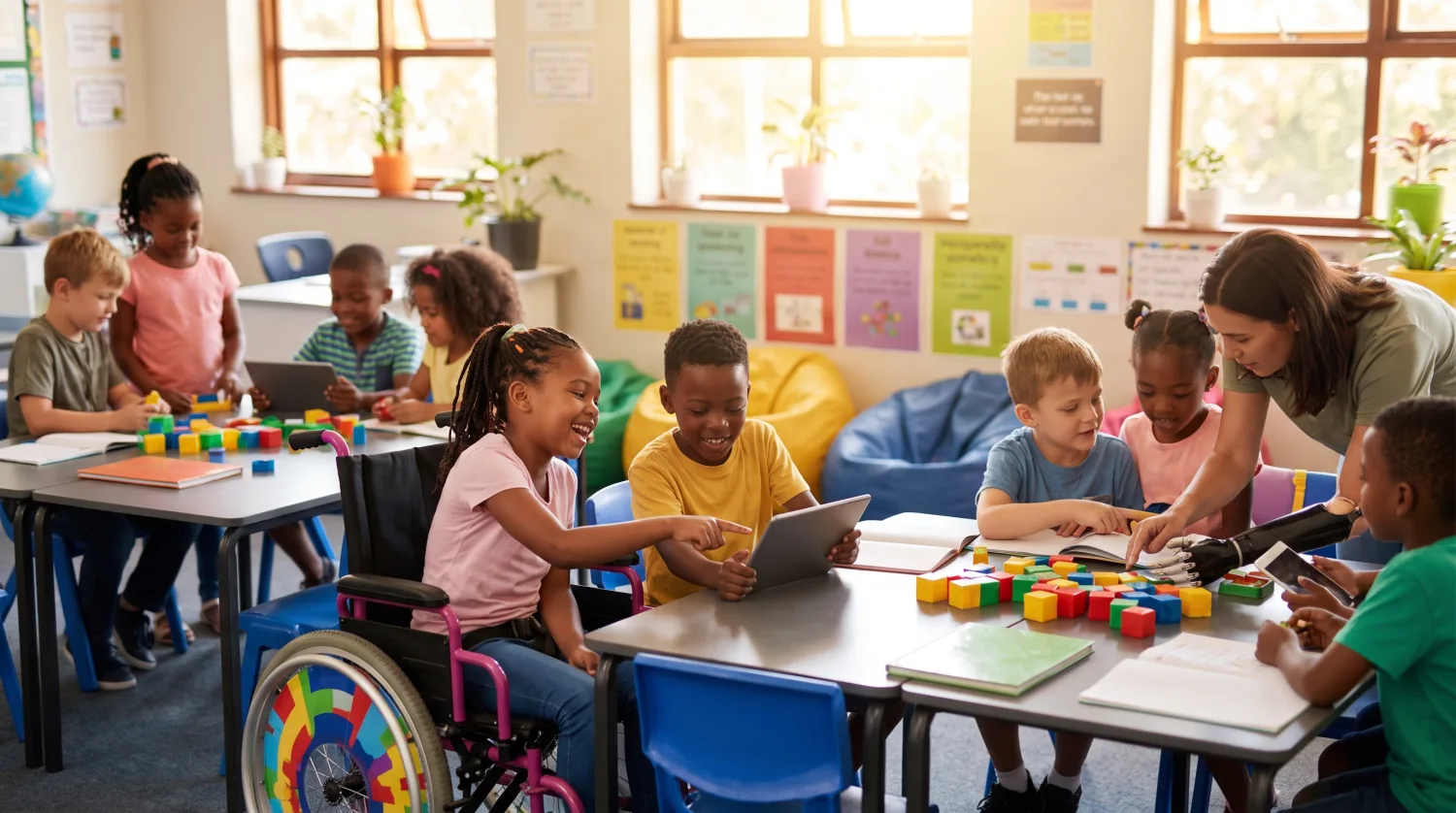 Studenti che imparano insieme in un'aula inclusiva
